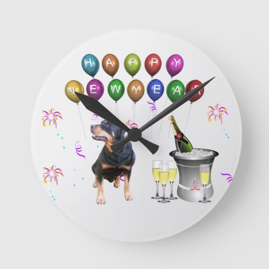 ロットワイラー犬ハッピーニューイヤー ラウンド壁時計 (正面)
