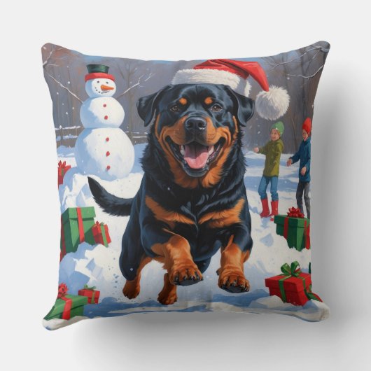 ロットワイラー走のクリスマス帽子と雪の中 クッション (裏面)