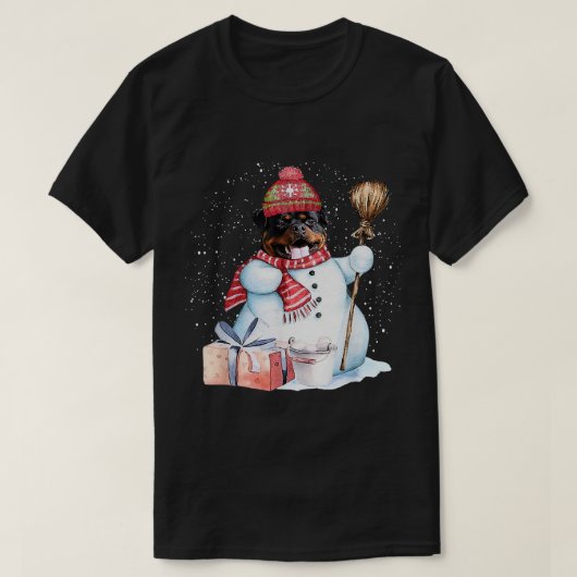ロットワイラー雪だるまスノーナイトクリスマスドッグ恋人 Tシャツ (デザイン正面)