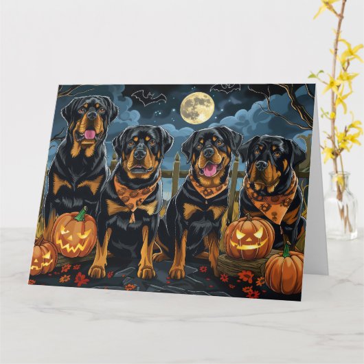 ロットワイラー・ハロウィーンの不気味なデザイン カード (黄色い花)