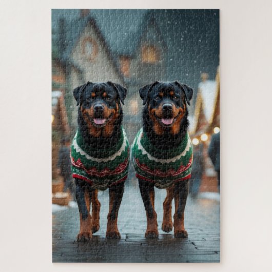 ロットワイラー 犬 クリスマス 雪 冬の休日 ジグソーパズル (縦)