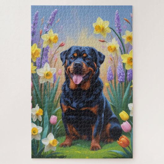 ロットワイラー 犬 春の花 絵画 ジグソーパズル (縦)