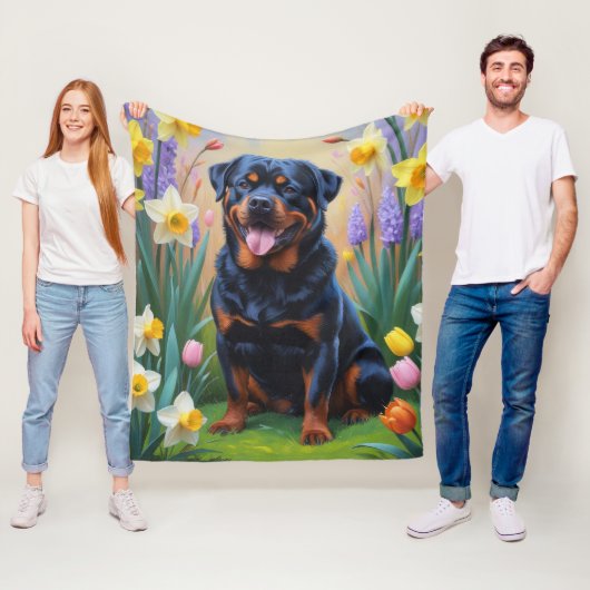 ロットワイラー 犬 春の花 絵画 フリースブランケット (インサイチュ)