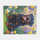 ロットワイラー 犬 春の花 絵画 フリースブランケット (正面(横))
