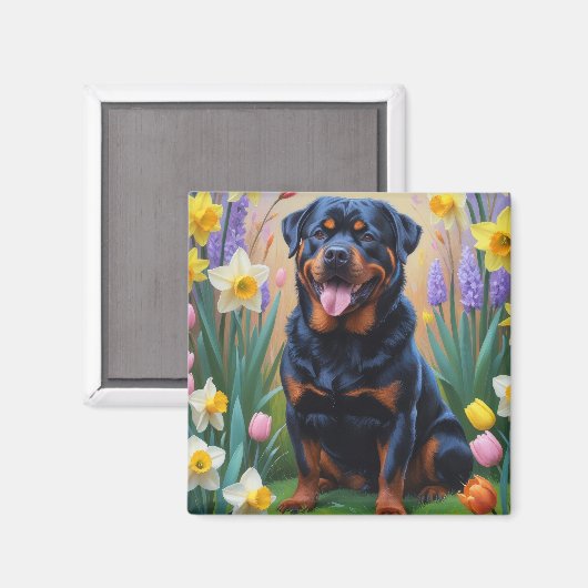 ロットワイラー 犬 春の花 絵画 マグネット (正面/裏面)