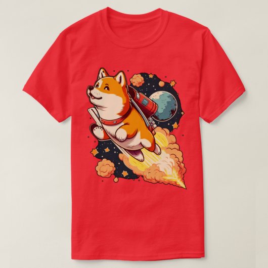 ロッ飛んでいるケットと宇宙への柴犬 Tシャツ (デザイン正面)