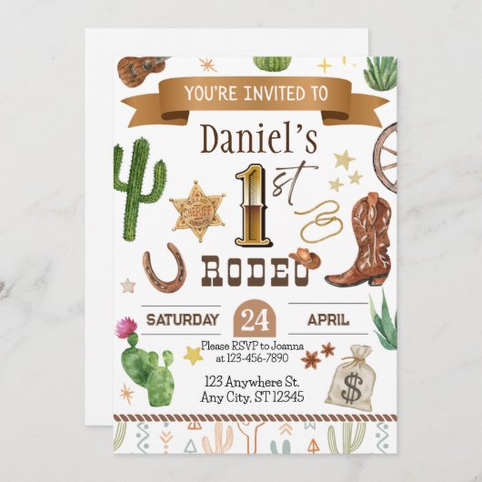 ロデオの最初の誕生日パーティーの招待状 招待状 (正面/裏面)
