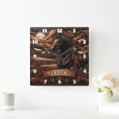 ロデオの納屋の近くにサドル付き黒馬 スクエア壁時計 (ホーム)