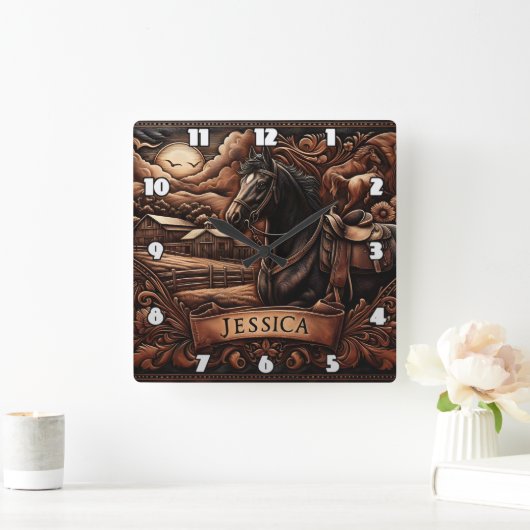 ロデオの納屋の近くにサドル付き黒馬 スクエア壁時計 (ホーム)