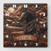 ロデオの納屋の近くにサドル付き黒馬 スクエア壁時計 (正面)