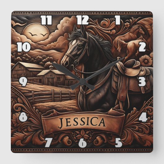 ロデオの納屋の近くにサドル付き黒馬 スクエア壁時計 (正面)