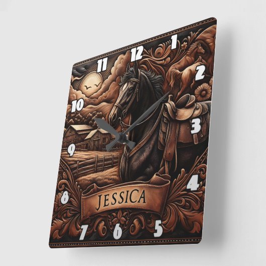 ロデオの納屋の近くにサドル付き黒馬 スクエア壁時計 (傾斜)