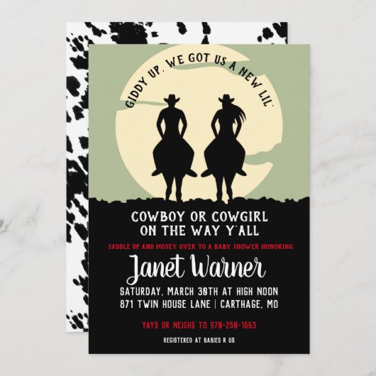 ロデオをテーマにしたベビーシャワー 招待状 (正面/裏面)