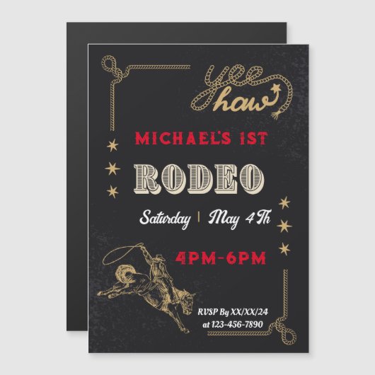 ロデオウエスタンライディングカウボーイ誕生日 マグネット招待状 (正面/裏面)