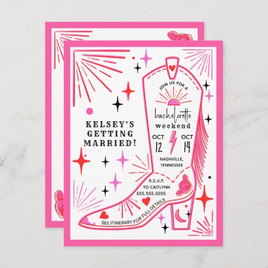 ロデオカウガール ピンク ブライズメイド ウィークエンド 予定表 招待状 (正面/裏面)