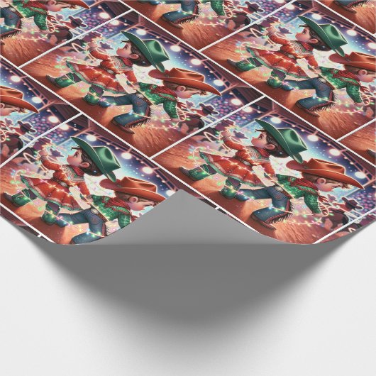 ロデオカウボーイキッズキラキラのクリスマスライト ラッピングペーパー (角)