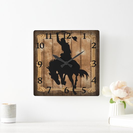 ロデオカウボーイホースブロンコシルエット スクエア壁時計 (ホーム)
