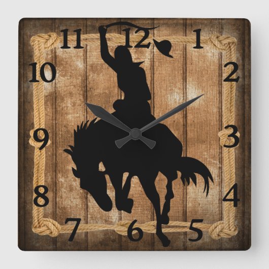 ロデオカウボーイホースブロンコシルエット スクエア壁時計 (正面)