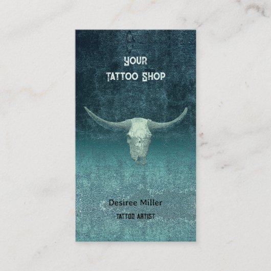 ロデオティール(緑がかった色)タトゥーショップブル素朴スカル 名刺 (正面)