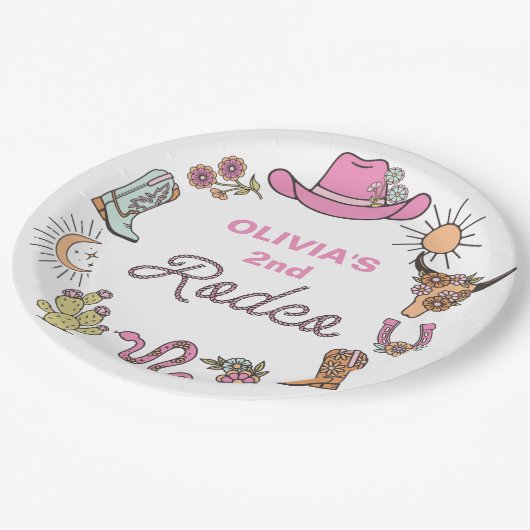 ロデオピンクウエスタンカウボーイ誕生日 ペーパープレート (アングル)