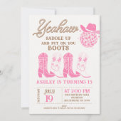 ロデオピンクハットウエスタンブーツ女性のカーボーイ誕生日 招待状 (正面)
