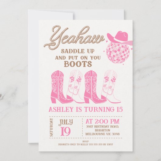 ロデオピンクハットウエスタンブーツ女性のカーボーイ誕生日 招待状 (正面)