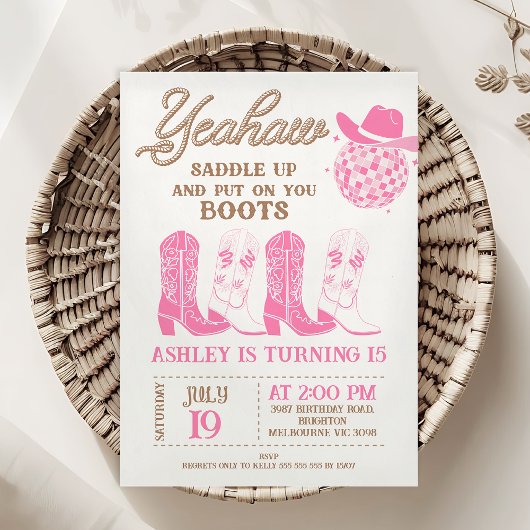 ロデオピンクハットウエスタンブーツ女性のカーボーイ誕生日 招待状