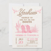 ロデオピンクブラウンウェスタンブーツ女性のカーボーイ誕生日 招待状 (正面)