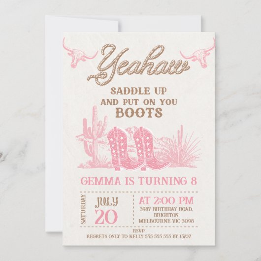 ロデオピンクブラウンウェスタンブーツ女性のカーボーイ誕生日 招待状 (正面)