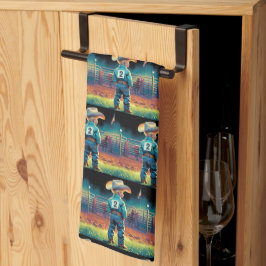 ロデオフェンスアメリカ国旗の馬の小さなカウボーイ キッチンタオル