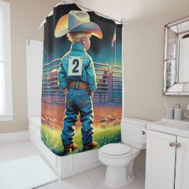 ロデオフェンスアメリカ国旗の馬の小さなカウボーイ シャワーカーテン