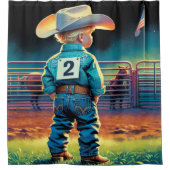 ロデオフェンスアメリカ国旗の馬の小さなカウボーイ シャワーカーテン (正面)