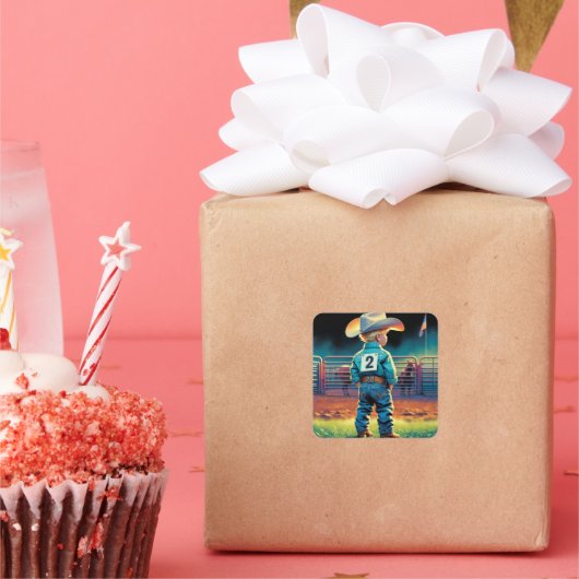 ロデオフェンスアメリカ国旗の馬の小さなカウボーイ スクエアシール (パーティー)