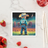 ロデオフェンスアメリカ国旗の馬の小さなカウボーイ スタンダードカクテルナプキン (インサイチュ)