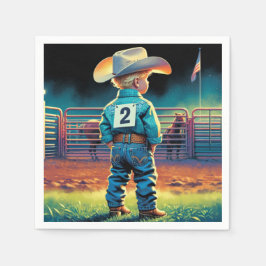 ロデオフェンスアメリカ国旗の馬の小さなカウボーイ スタンダードカクテルナプキン