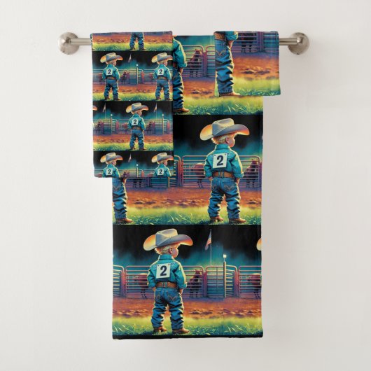 ロデオフェンスアメリカ国旗の馬の小さなカウボーイ バスタオルセット (インサイチュ)