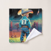 ロデオフェンスアメリカ国旗の馬の小さなカウボーイ バスタオルセット (ウォッシュタオル)