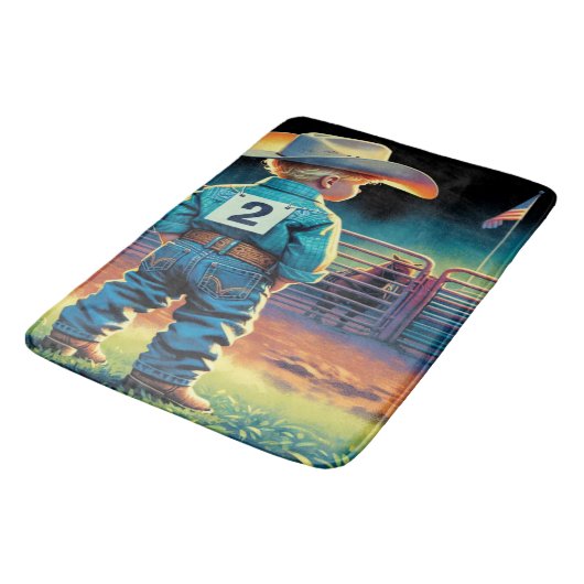 ロデオフェンスアメリカ国旗の馬の小さなカウボーイ バスマット (アングル)