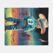 ロデオフェンスアメリカ国旗の馬の小さなカウボーイ フリースブランケット (正面(横))