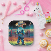 ロデオフェンスアメリカ国旗の馬の小さなカウボーイ ペーパープレート (パーティー)