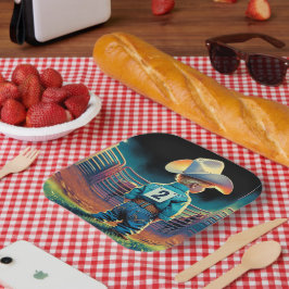 ロデオフェンスアメリカ国旗の馬の小さなカウボーイ ペーパープレート