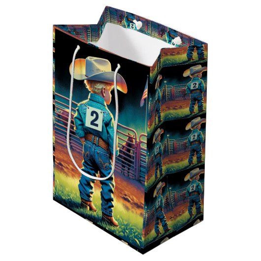 ロデオフェンスアメリカ国旗の馬の小さなカウボーイ ミディアムペーパーバッグ (正面アングル)