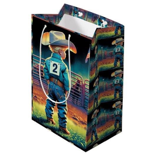 ロデオフェンスアメリカ国旗の馬の小さなカウボーイ ミディアムペーパーバッグ (裏面アングル)