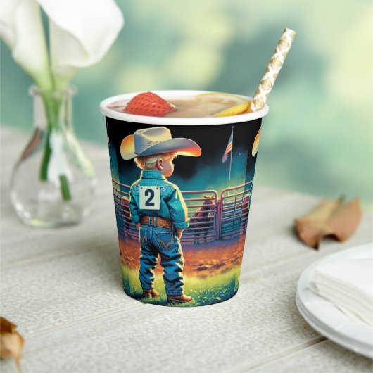 ロデオフェンスアメリカ国旗の馬の小さなカウボーイ 紙コップ (インサイチュ)