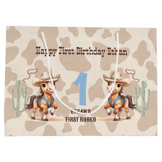 ロデオベージュカウボーイホースウェスタン名1st誕生日 ラージペーパーバッグ (裏面)