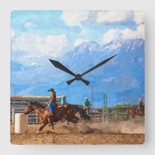 ロデオ女子バレルレーシングウェスタン素朴ド スクエア壁時計 (正面)