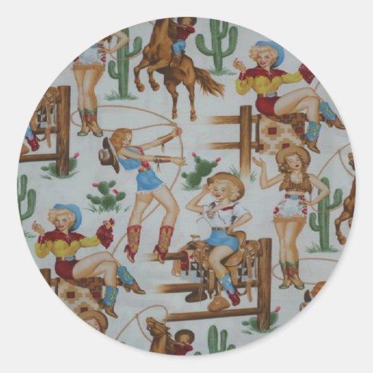 ロデオ女性のカーボーイホワイトステッカー ラウンドシール (正面)