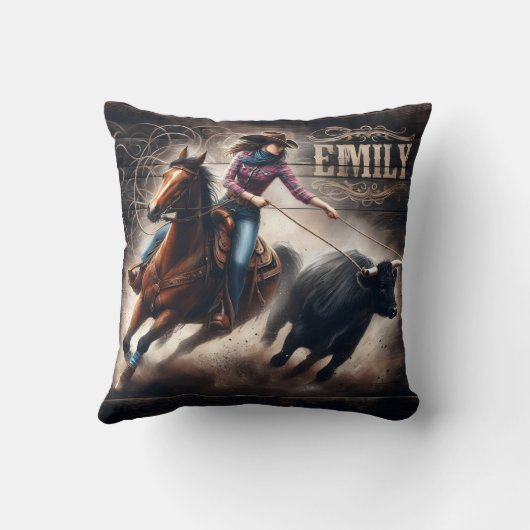 ロデオ女性のカーボーイローピングアカーフアットサンセット クッション (裏面)