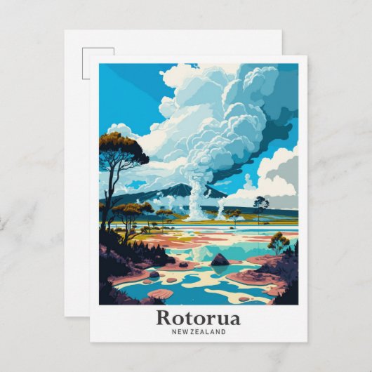 ロトルアニュージーランドヴィンテージトラベルイラストレーション ポストカード (正面/裏面)