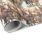 ロバに並んだヴィンテージクリスマスサンタ ラッピングペーパー (ロールコーナー)